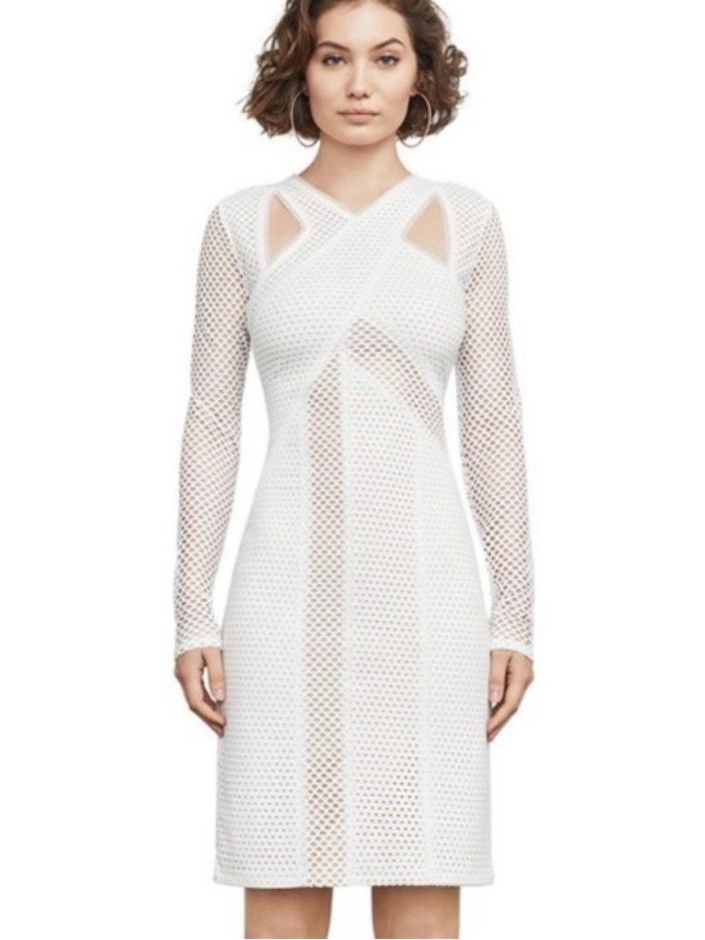 BCBG Cream Long Sleeve Mesh Bodycon Dress